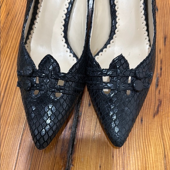 O Oscar De La Renta Bretten Women’s Black Leather Snake Skin Heels Size 7 M - Picture 9 of 16